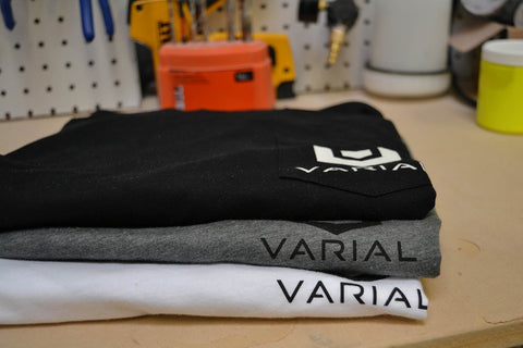 Varial Surf Technology surf brand clothing for sale. Black pocket t-shirt,  grey t-shirt and white-shirt.