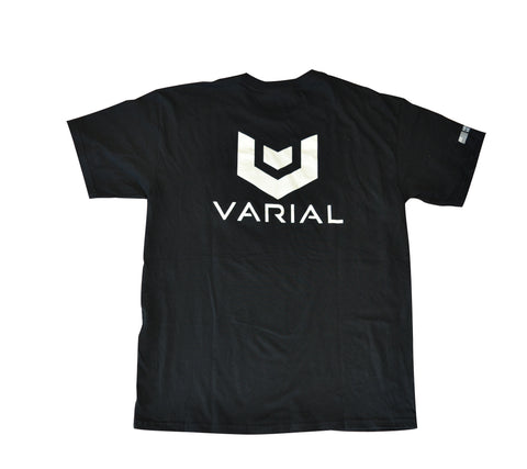 Back image of Varial black pocket tee with large varial logo. 