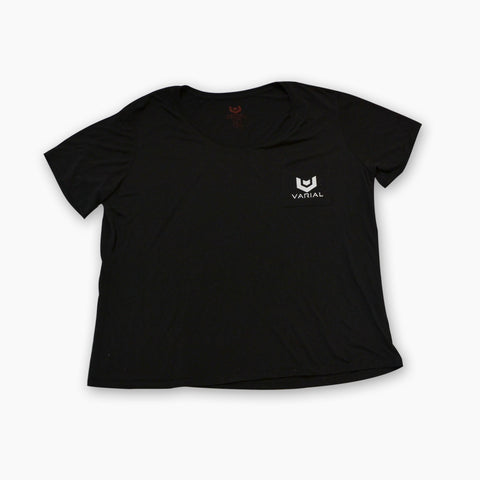 Varial surf clothing womens flowy pocket tshirt. Surf clothes online for sale with Varial surf technology logo. Womens black polyester and cotton surf clothing t-shirt.