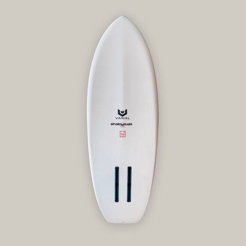 Custom foilboard bottom image with 2 Futures fins long boxes and extra strong glass. For a lighter, stronger, faster foilboard. Constructed with the best surfboard tech. Built with a varial foam surfboard blank and vacuum bag infused glass.