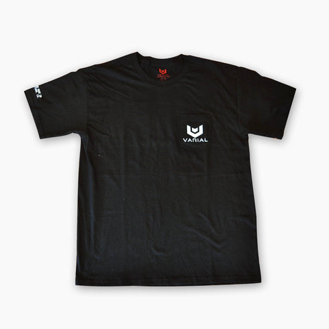 Varial surf technology, surfboard brand clothing. Black t-shirt with front pocket. Surf lifestyle clothing.