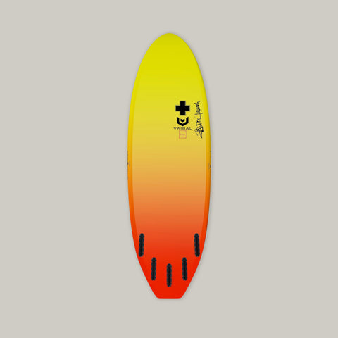 Surf prescriptions surfboard hull image. Deadly flying turtle model with custom color, futures fins, 5 fin setup, and custom glass. Infused vacuum bag glassing and varial foam surfboard core. 