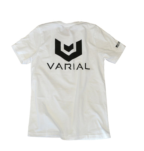 Varial logo t-shirt, with varial logo on the front and back of the t-shirt. White and grey t-shirts available 