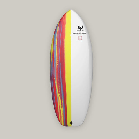 Custom Varial Surf Technology foil surfboard deck image. Red color scheme custom paint and custom foil dimensions.Built with the best foil board technology. Built with varial foam and infused glass for a light, fast, strong foilboard. 