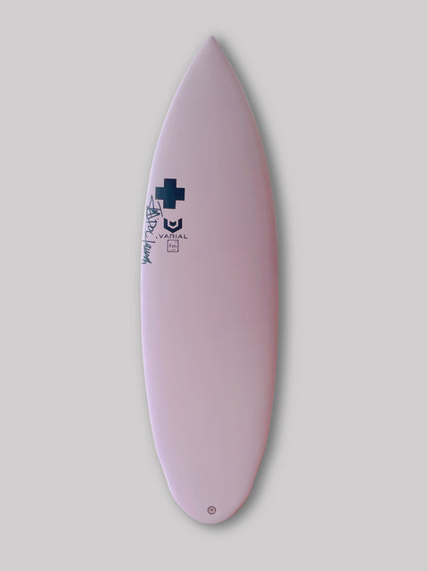 5'7" x 20" x 2.38", 28.66L Varial Foam core and Infused Glass for a long lasting, highly responsive board Mush killer that rides well in varied conditions Pulled in tail this board can hold in steeper waves.  Unique look with its full outline - nose to tail. Single to double concave that makes this board very responsive under your feet Polyester Resin, Slate Pink Spray Standard Glass: 4 + 4oz deck, 4oz bottom  5 Fin, Futures Black  Finished Weight: 6.1 lbs