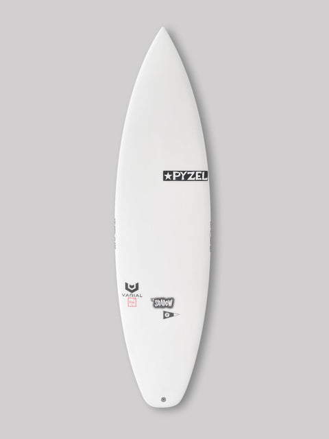 Shadow 5'9" x 18 3/4" x 2 5/16" 26.6L Varial Foam core and Infused Glass for a long lasting, highly responsive board Polyester resin The Shadow is designed to give the advantages of a wider, forward outlined board in a sleek, High Performance package.  Modern foil/outline brings improved stability, paddle power, easy speed/flow in weaker waves Standard Glass: 4 + 4oz deck, 4oz bottom  3-Fin Futures Black