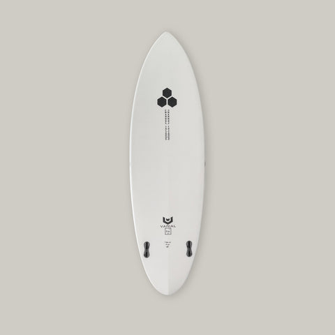 Twin Pin 5'7" x 18 7/8" x 2 7/16 27.9L Varial Foam core and Infused Glass for a long lasting, highly responsive board The twin-finned pintail is a collab with Channel Island's Britt Merrick and the stylish Mikey February. Designed for gutless waves to overhead punchy surf and barrels. Low rails, flat bottom, and rolled out into a vee exit ensures this board will hold and respond. Polyester Resin Standard Glass: 4 + 4oz deck, 4oz bottom Twin Fin, FCSII - Black