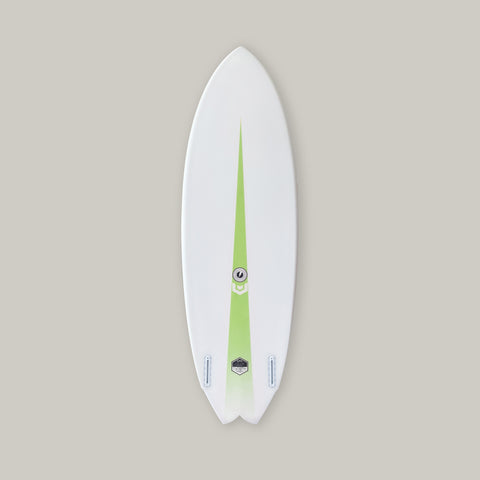 5'6" x 19.5" x 2.31", 29.68L The Swiss Army Knife of modern day twin fins Trusted in most if not all conditions Polished rocker + bottom contours offers drive and predictable performance Subtle concave deck Good for beginner to advanced shortboarders / twin fin riders Varial Foam core and Infused Glass for a long lasting, highly responsive board Polyester Resin, Earth Green Fade/Spray Standard Glass: 4 + 6oz deck, 4oz bottom  Twin Fin, Futures White