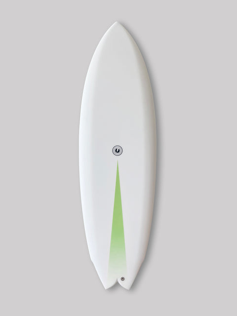 5'6" x 19.5" x 2.31", 29.68L The Swiss Army Knife of modern day twin fins Trusted in most if not all conditions Polished rocker + bottom contours offers drive and predictable performance Subtle concave deck Good for beginner to advanced shortboarders / twin fin riders Varial Foam core and Infused Glass for a long lasting, highly responsive board Polyester Resin, Earth Green Fade/Spray Standard Glass: 4 + 6oz deck, 4oz bottom  Twin Fin, Futures White