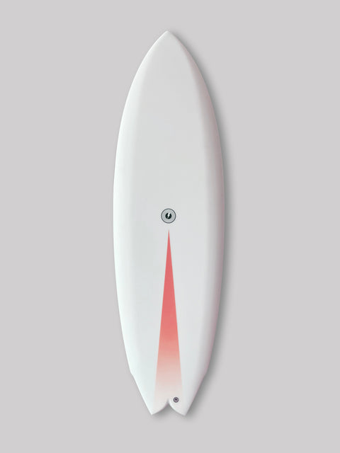 5'6" x 19.5" x 2.31", 29.68L The Swiss Army Knife of modern day twin fins Trusted in most if not all conditions Polished rocker + bottom contours offers drive and predictable performance Subtle concave deck Good for beginner to advanced shortboarders / twin fin riders Varial Foam core and Infused Glass for a long lasting, highly responsive board Polyester Resin, Red/Orangish Fade Spray Standard Glass: 4 + 4oz deck, 4oz bottom  Twin Fin, Futures White
